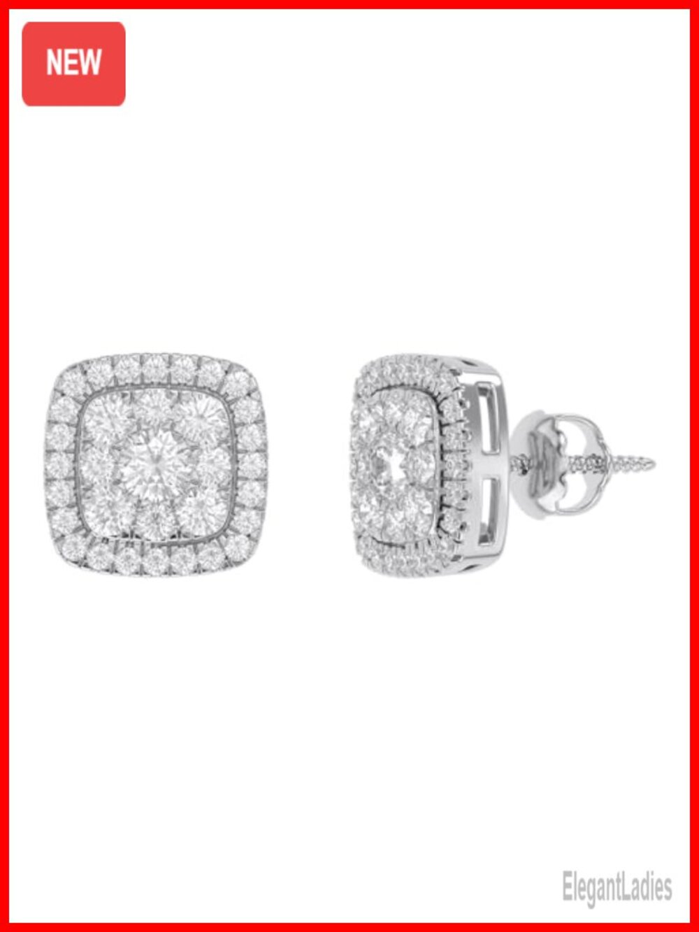 Halo Cluster Stud Earrings Round Cut Lab Grown Diamond Cushion Frame 14k Gold